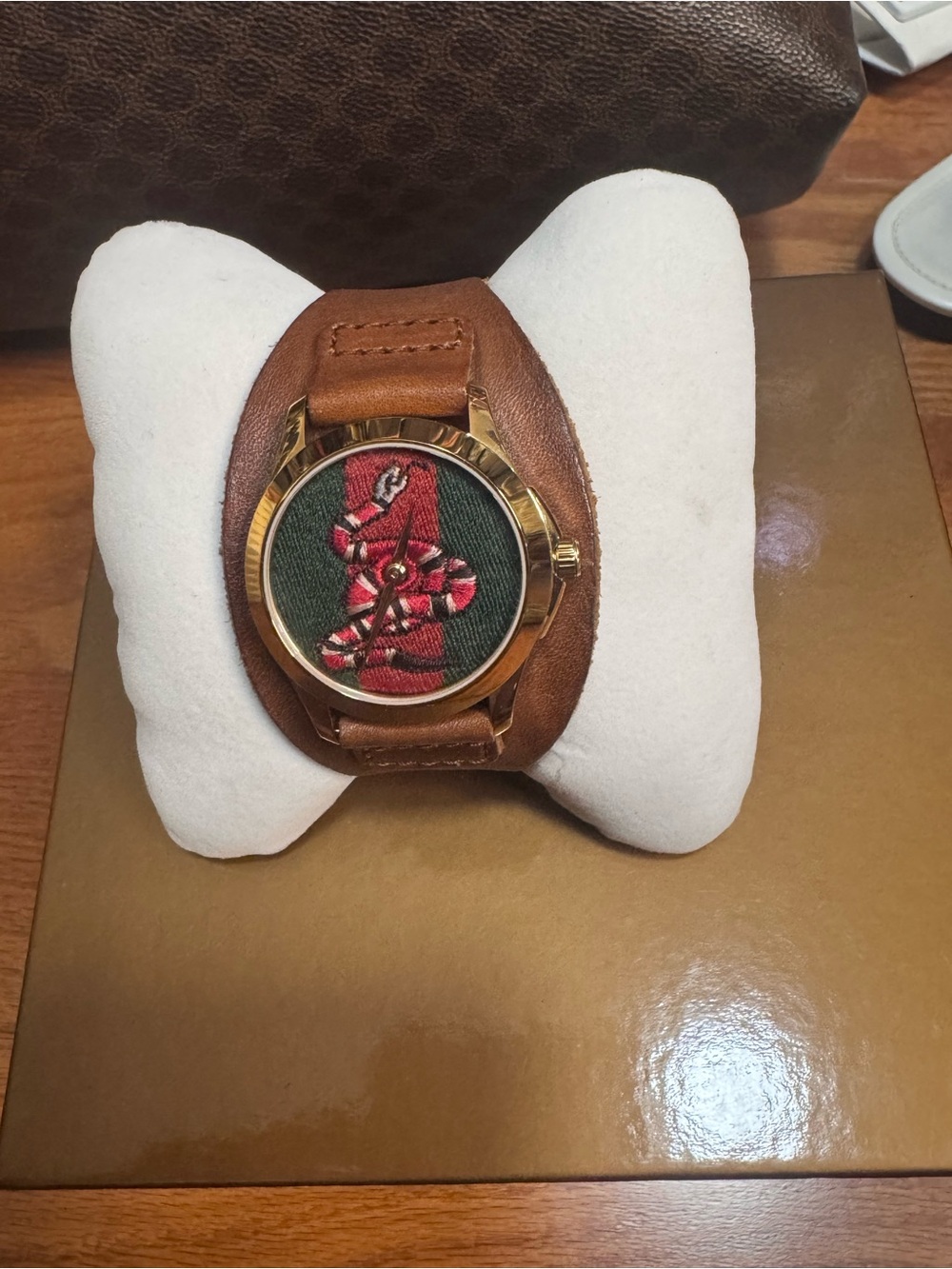 Gucci Brown Leather Cuff Watch with Green and Red Dial